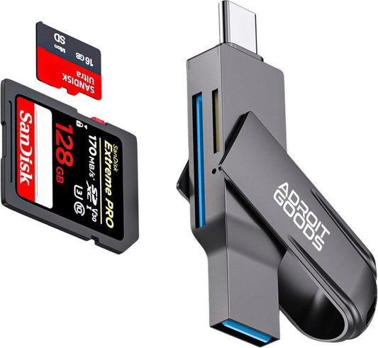 usb type-c kaartlezer met sd- en micro-sd-kaartgedeelte naast geheugenkaarten