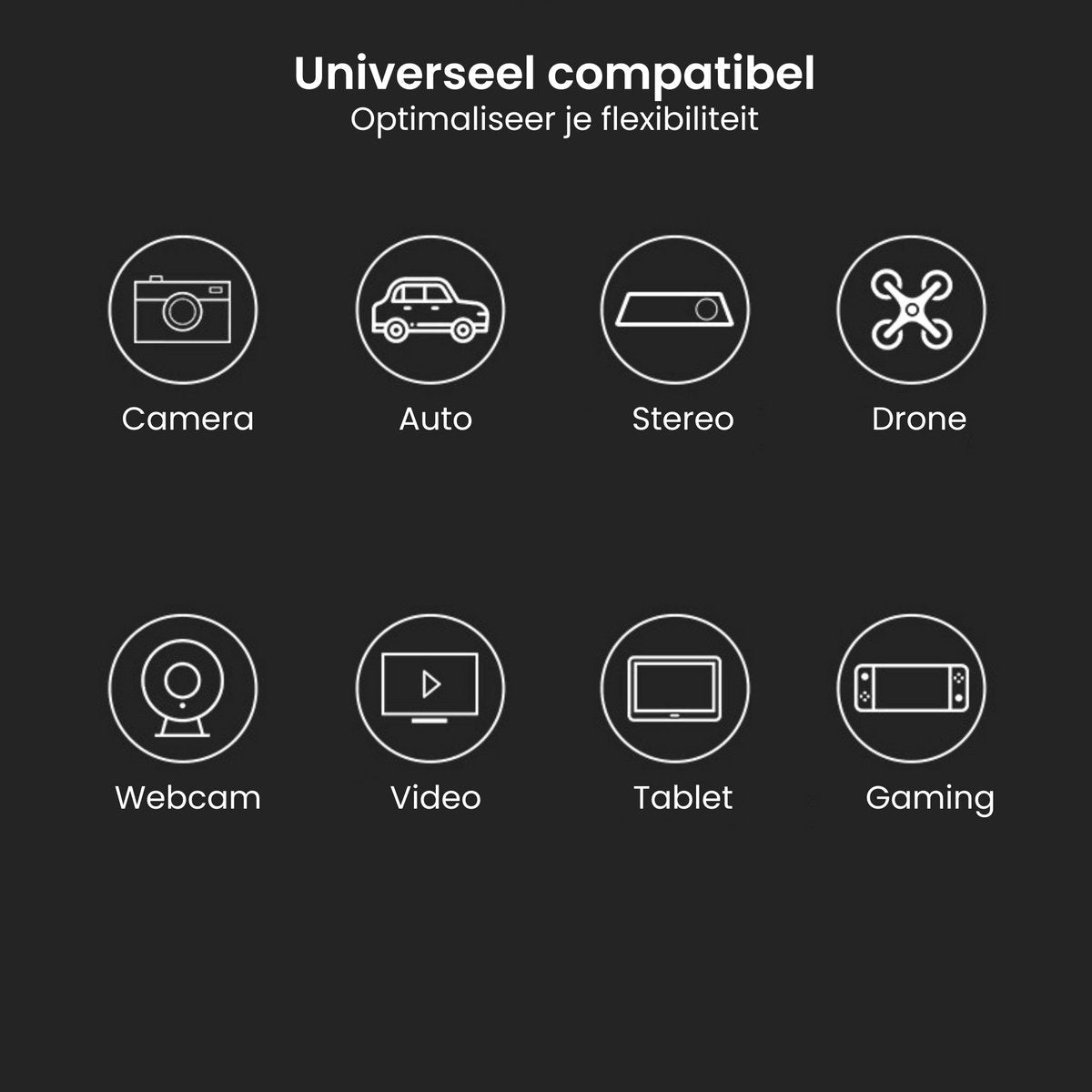 Iconen met camera, auto, stereo, drone, webcam, video, tablet en gaming met tekst universeel compatibel