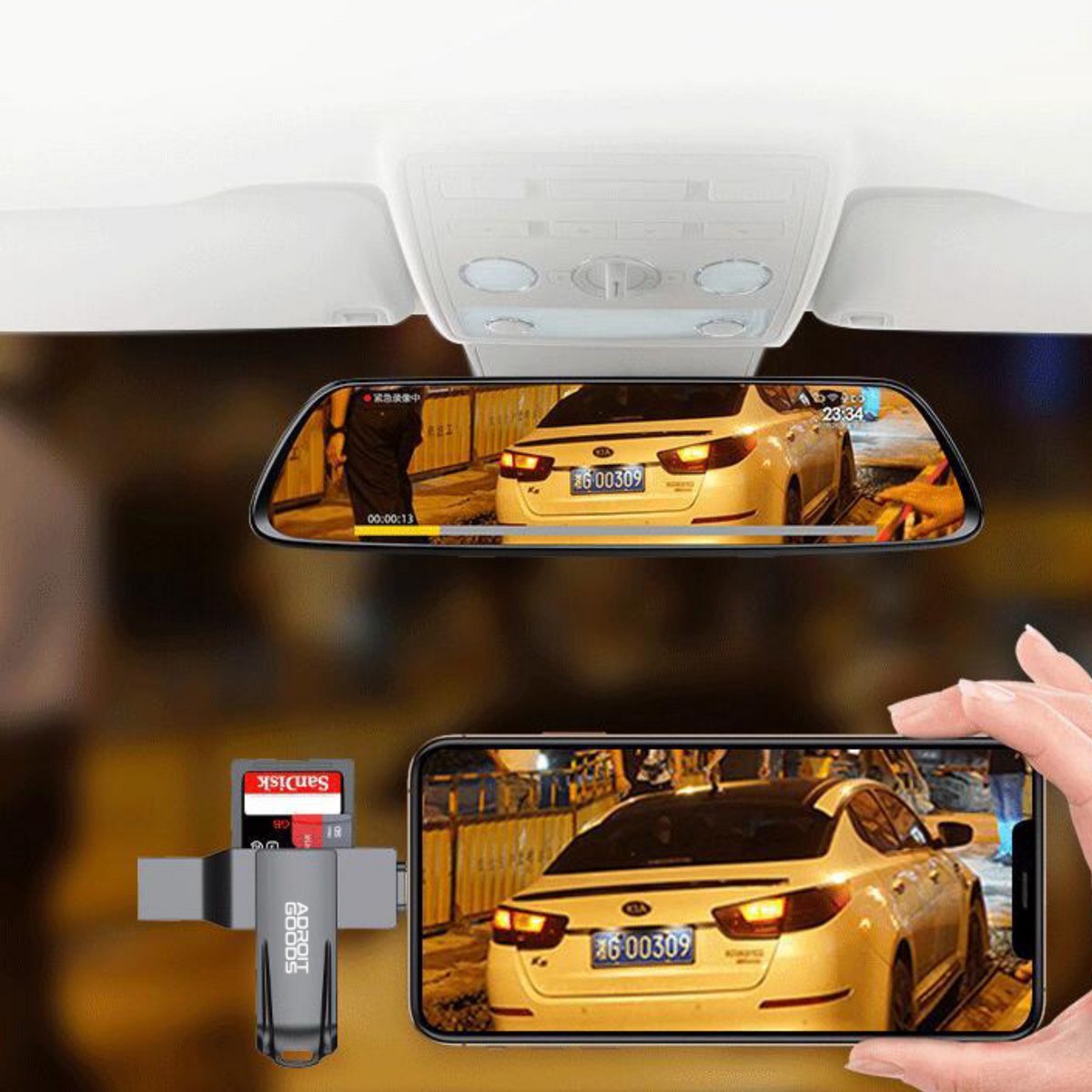 Achteruitkijkspiegel toont live video van auto met hand die telefoon vasthoudt met dezelfde weergave.