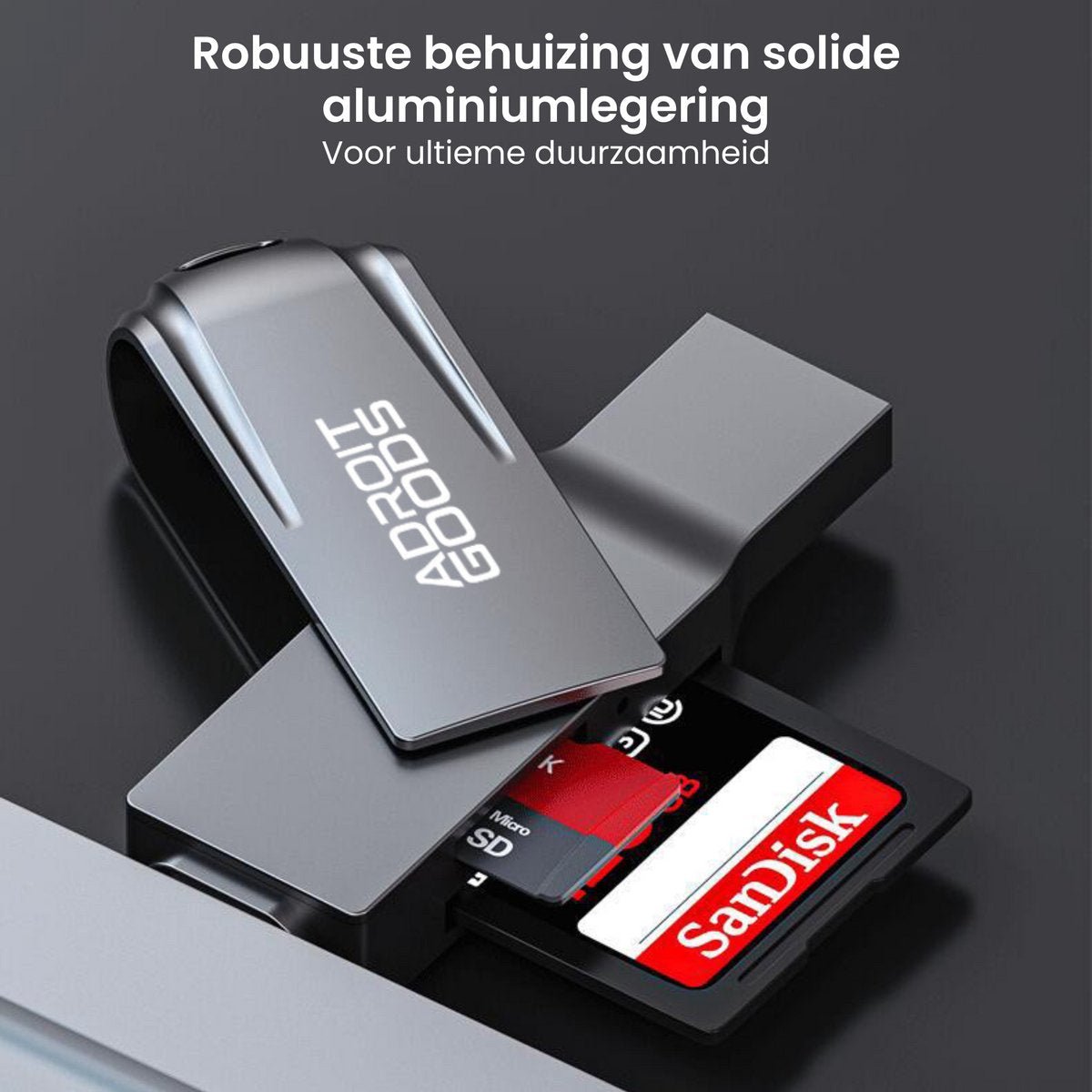 Robuuste grijze usb-stick met solide aluminium behuizing en compatibele geheugenkaarten