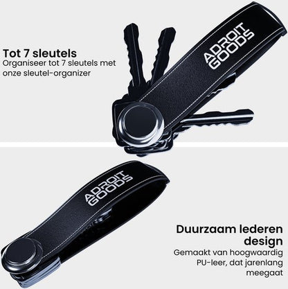 Zwarte sleutelhanger van duurzaam PU-leer met ruimte voor maximaal zeven sleutels.