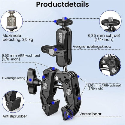 Zwarte verstelbare klem met antisliprubber en verschillende schroefmaten voor bevestiging.