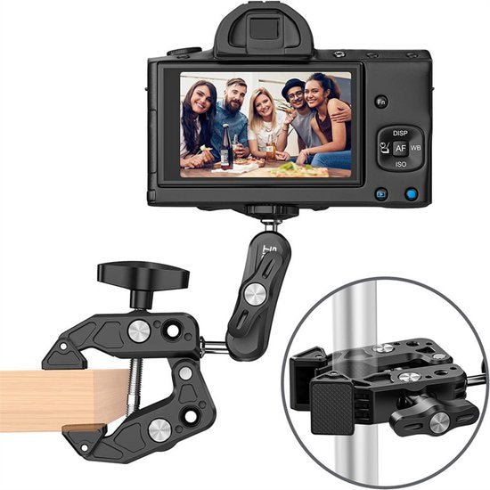 Zwarte klembevestiging voor camera met flexibele arm en draaibare spiegelmonitorhouder
