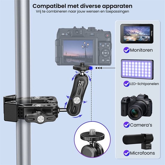 Bevestigingsklem met verstelbare houder voor camera, monitor, microfoon en LED-lichtpanelen
