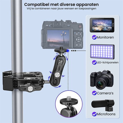 Bevestigingsklem met verstelbare houder voor camera, monitor, microfoon en LED-lichtpanelen