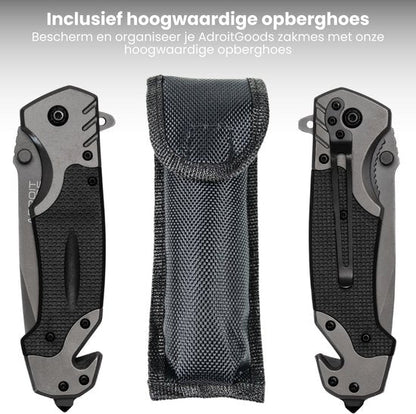 Twee zwarte inklapbare messen met een stevige zwarte opberghoes ertussen geplaatst