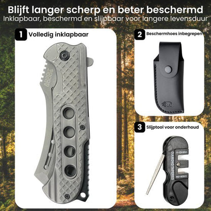 Inklapbaar zakmes met beschermhoes en slijptool voor langdurig gebruik in buitenomgeving