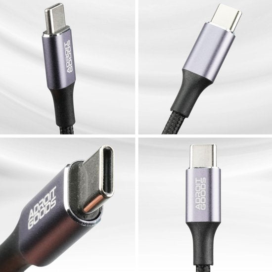Close-up van een zilverkleurige USB-C-kabel met Adroit Goods-logo en gevlochten hoes.