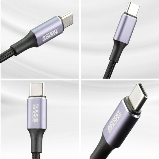 close-up van paarse usb-c kabel met nylon omhulsel en AdroitGoods logo in verschillende hoeken