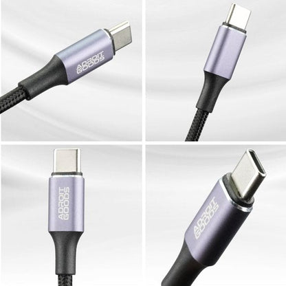 close-up van paarse usb-c kabel met nylon omhulsel en AdroitGoods logo in verschillende hoeken