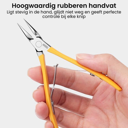 Hand houdt precisietang met oranje rubberen handvat voor nauwkeurige knipbewegingen