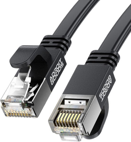 Zwarte netwerk kabel met metalen RJ45 connectoren en AdroitGoods merknaam zichtbaar