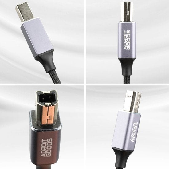 close-up van usb kabel met metalen connectoren en AdroitGoods logo zichtbaar