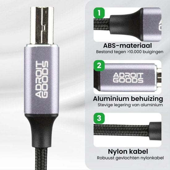 close-up van een grijze kabelconnector met aluminium behuizing en gevlochten nylon kabel