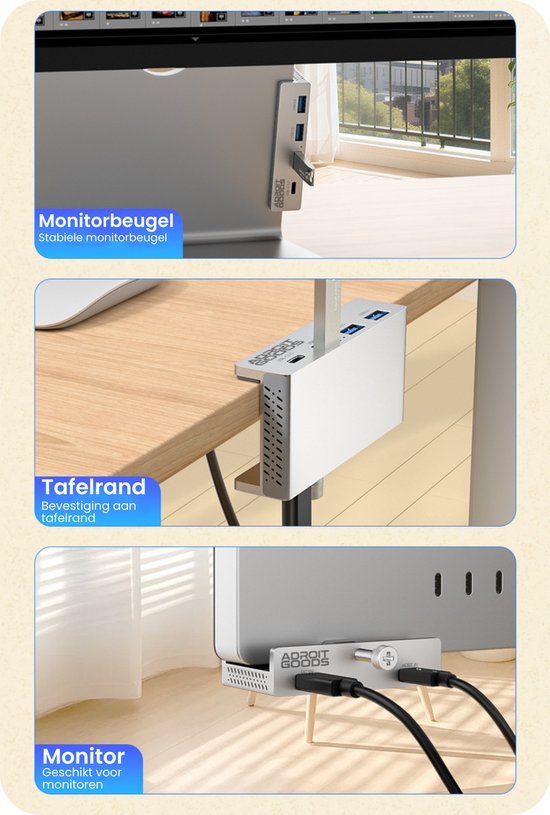 Witte compacte hub met usb-aansluitingen bevestigd aan bureau, monitor en tafelrand
