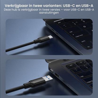 Twee close-up beelden van een USB-C en USB-A kabel aangesloten op een laptoppoort