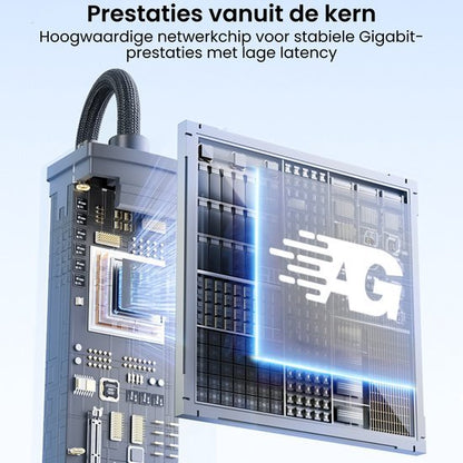 Gedetailleerde afbeelding van een netwerkchip met ingebouwde kabels en lichtgevende AG-logo display