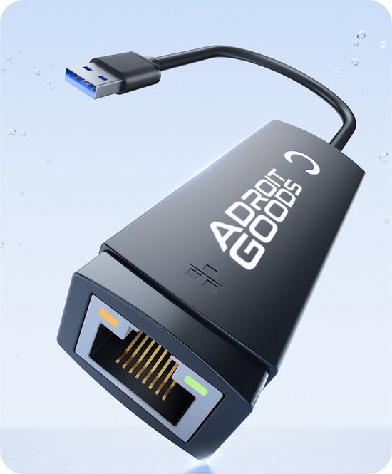 zwarte AdroitGoods USB naar ethernet adapter met blauwe USB 3.0 aansluiting en netwerkaansluiting