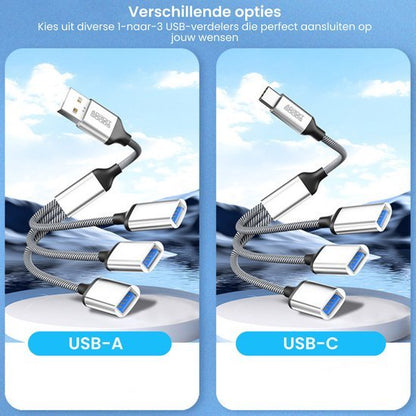 Twee flexibele USB-verdelers met meerdere poorten, één met USB-A en één met USB-C aansluiting