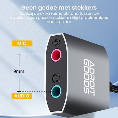 Adapter met twee poorten voor microfoon en audio met ruime afstand tussen aansluitingen