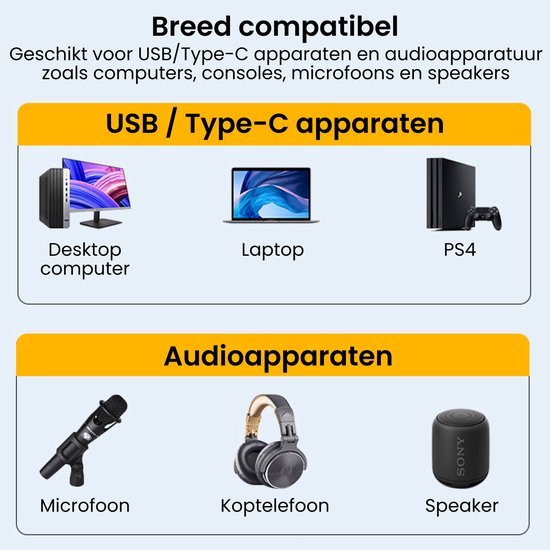 Illustratie van compatibele USB/Type-C apparaten en audioapparatuur zoals computer, laptop, PS4, microfoon, koptelefoon, speaker