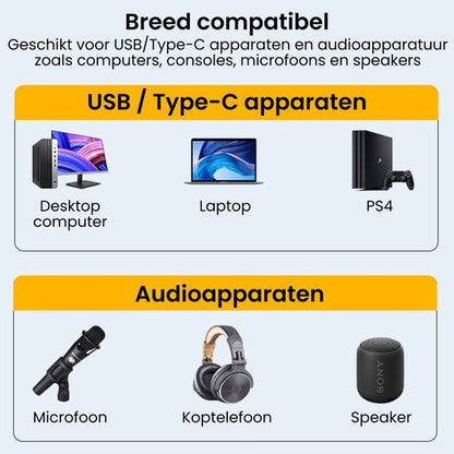 Illustratie van compatibele USB/Type-C apparaten en audioapparatuur zoals computer, laptop, PS4, microfoon, koptelefoon, speaker