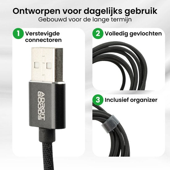 Zwarte gevlochten kabel met versterkte connector en bijgeleverde organiser voor dagelijks gebruik.