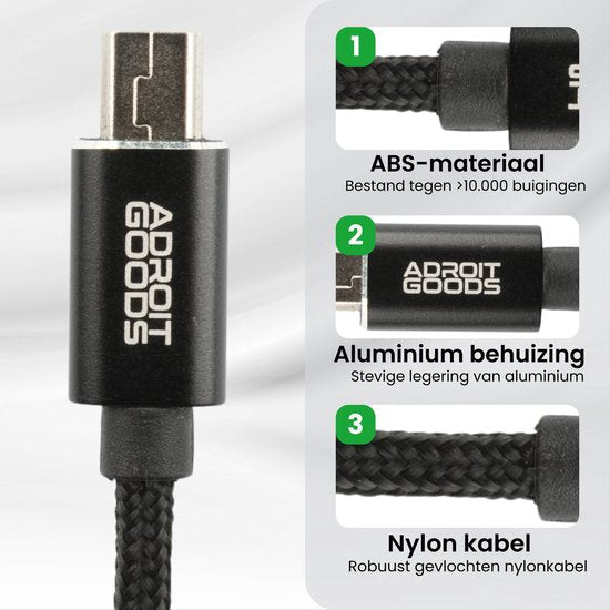 Zwarte Adroit Goods kabel met ABS-materiaal, aluminium behuizing en gevlochten nylon kabel