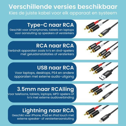Infographic met verschillende audiokabels van type-C, RCA, USB, 3.5mm en Lightning naar RCA.