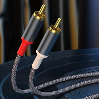 twee gecoate audiokabels met rood en wit uiteinde en gouden connectoren dichtbij achtergrond