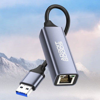 compact grijs metallic USB naar ethernet adapter met kabel en AdroitGoods logo