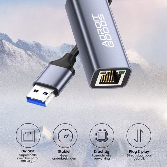 USB naar Ethernet adapter met metalen behuizing en ingebouwde netwerkaansluiting