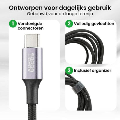 USB-C kabel met versterkte connector, volledig gevlochten en inclusief organizer bandje