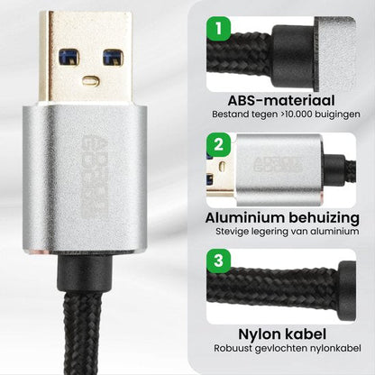 USB-kabel met metalen behuizing en gevlochten nylon kabel voor extra stevigheid