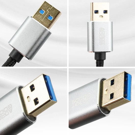Vier close-up beelden van een zilverkleurige USB-kabel met blauwe USB 3.0 connectoren.