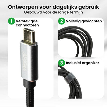 Zwarte gevlochten kabel met versterkte connector en georganiseerde kabelbinder voor dagelijks gebruik