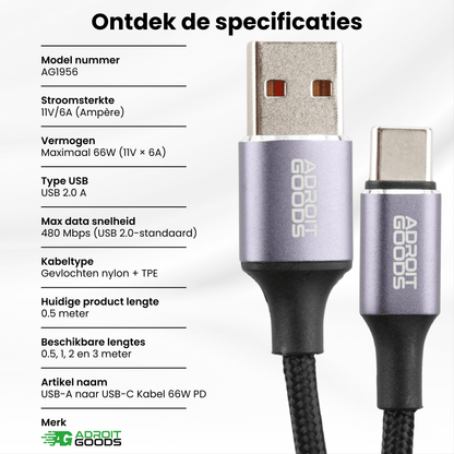 USB-A naar USB-C kabel met gevlochten nylon en snelheidspecificaties tot 480 Mbps in grijze kleur