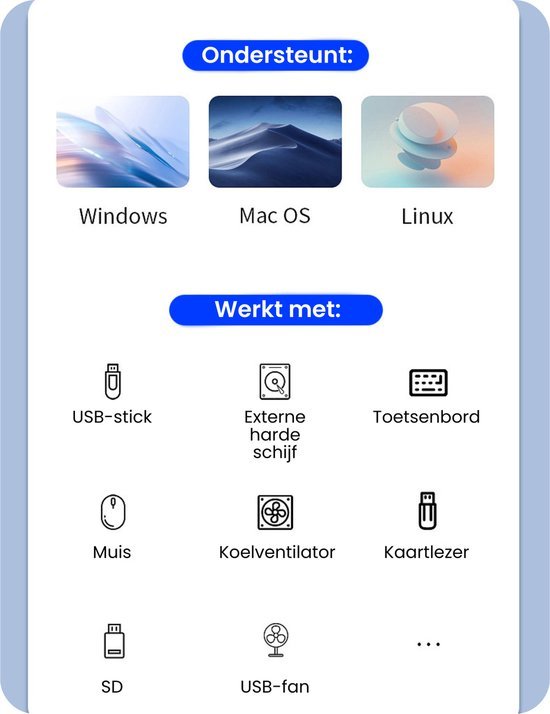 Ondersteuning voor Windows Mac OS Linux en compatibel met diverse USB-apparaten en randapparatuur