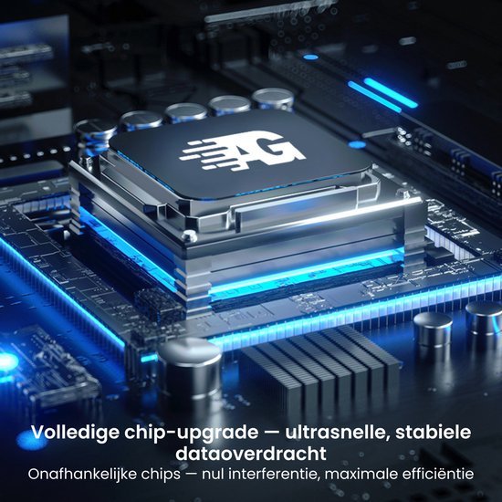 computerchip met blauw LED-licht op moederbord voor snelle en stabiele dataoverdracht