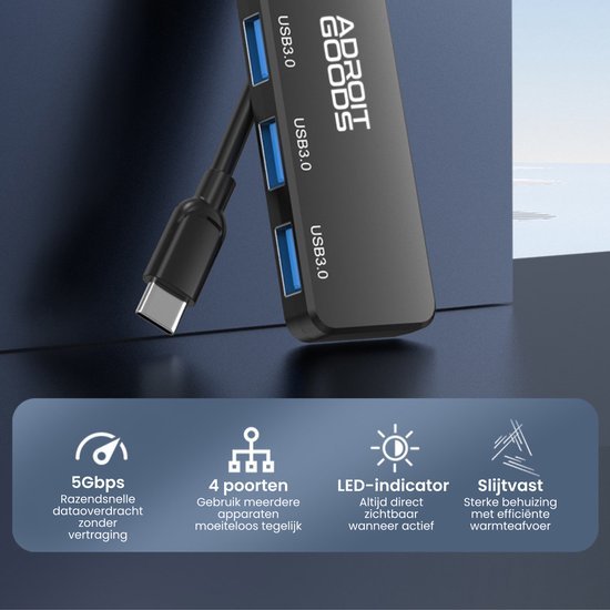 Zwarte USB-C hub met vier USB 3.0 poorten en LED-indicator van AdroitGoods
