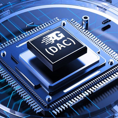 close-up van een microchip met AG DAC logo op een blauw verlicht circuitbord