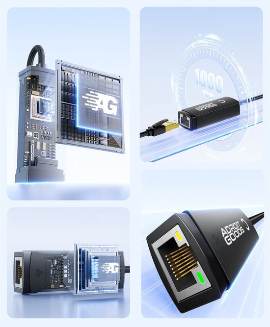 Detailfoto's van een zwarte AdroitGoods netwerkkabel en bijbehorende connectoren close-up.