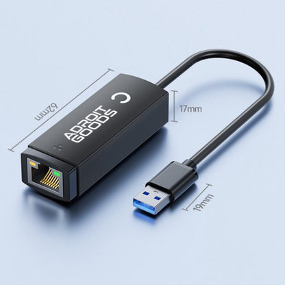 Zwarte AdroitGoods USB 3.0 naar Ethernet adapter met kabel en afmetingen zichtbaar