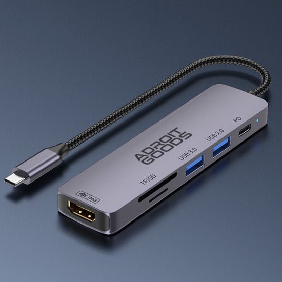 grijs AdroitGoods USB-C hub met HDMI, TF/SD kaartlezers en USB 3.0 en 2.0 poorten