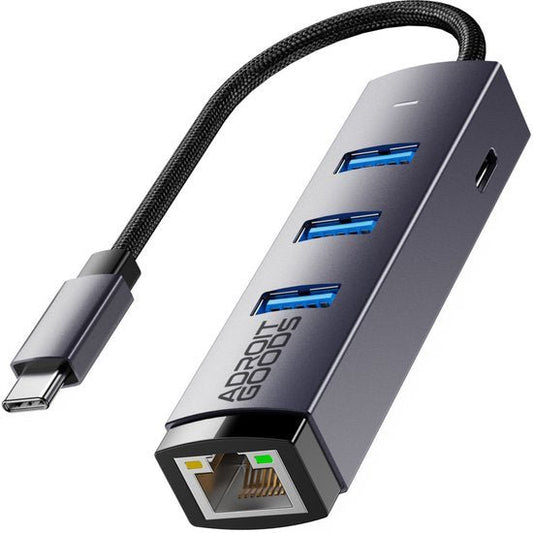 Compact grijze USB-C hub met drie USB-poorten en een ethernet aansluiting in een strak ontwerp