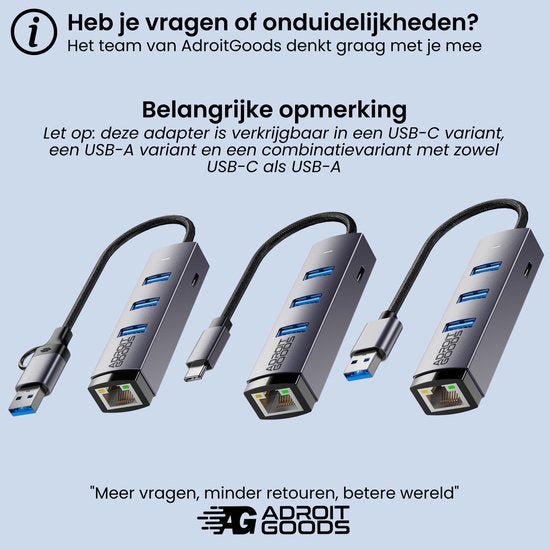Vier verschillende AdroitGoods netwerkadapters voor USB-C en USB-A met meerdere poorten in een rij