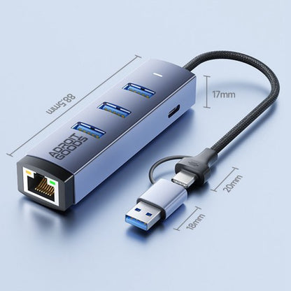Blauwe USB-hub met drie poorten, ethernet aansluiting en aansluitkabel met USB-C en USB-A eindes.