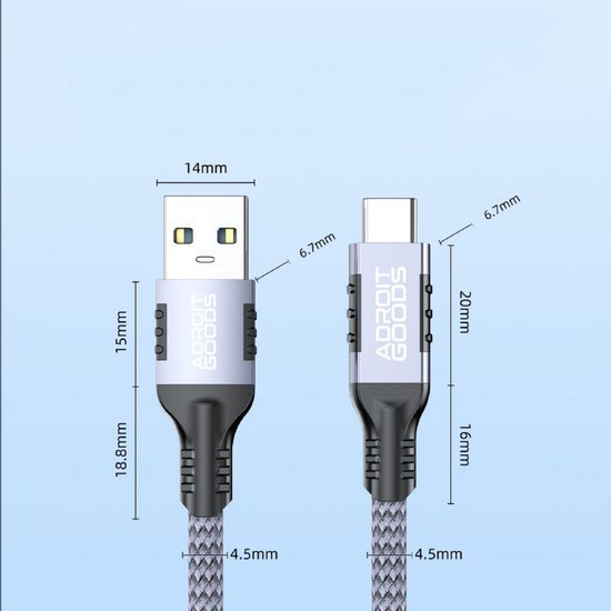 Gedetailleerde afbeelding van een bedrade USB-naar-USB-C-kabel met afmetingen in millimeters