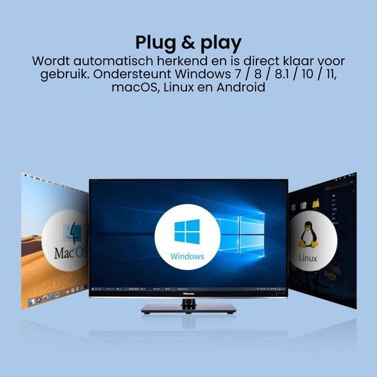 Computerschermen met Windows, MacOS en Linux besturingssystemen op een blauwe achtergrond