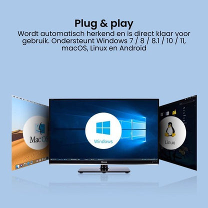 Computerschermen met Windows, MacOS en Linux besturingssystemen op een blauwe achtergrond